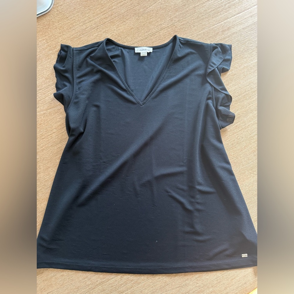Calvin Klein Black V-Neck Ruffle Sleeve Top